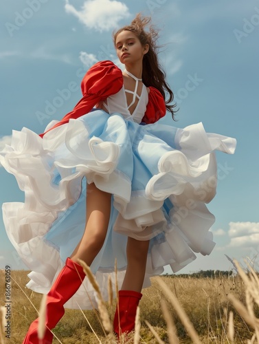 A bold model poses in a voluminous sky blue dress with dramatic red accents, set against a clear blue sky, showcasing an audacious fashion statement, elegance, and vibrant artistry.