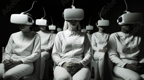 Group of individuals engaged with virtual reality headsets, all dressed in white garments, symbolizing futuristic technology, immersive experiences, and modern innovation. photo