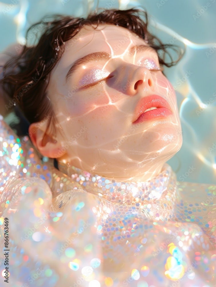 Fototapeta premium A woman dressed in an iridescent sequined outfit floating gracefully in water with shimmering light reflections, creating a mystical and dreamy visual effect.