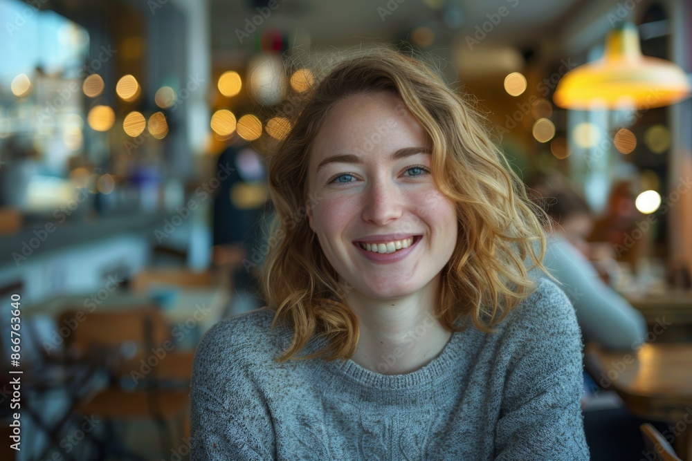 Portrait of a joyful caucasian woman in her 20s sporting a long-sleeved thermal undershirt over bustling city cafe Portrait of a joyful caucasian woman in her 20s sporting a long-sleeved thermal undershirt over bustling city cafe