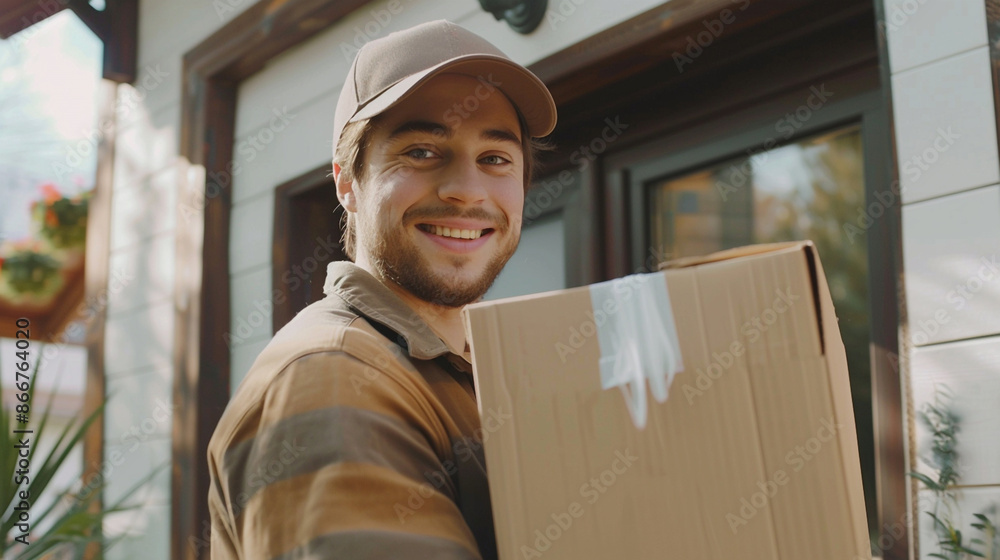 Delivery courier service boy. Delivery man in brown cap and uniform holding a cardboard box delivering to door of customer home. Smiling young man postal delivery man delivering package Delivery courier service boy. Delivery man in brown cap and uniform holding a cardboard box delivering to door of customer home. Smiling young man postal delivery man delivering package