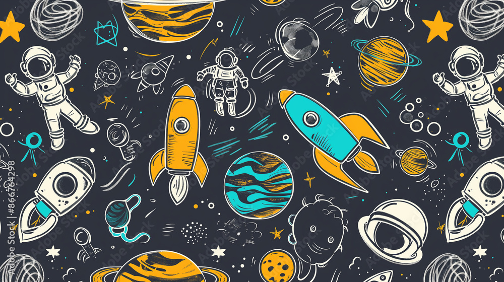 A colorful space scene with a man in a spacesuit and a rocket A colorful space scene with a man in a spacesuit and a rocket