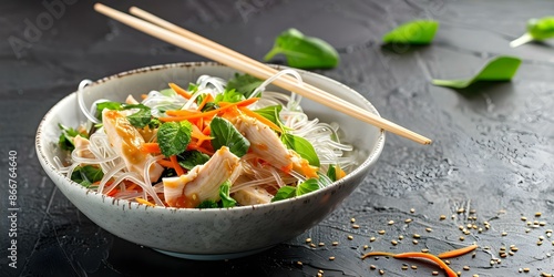 Closeup side view of Asian glass noodle chicken salad with chopsticks. Concept Food Photography, Asian Cuisine, Glass Noodle Salad, Closeup Shots, Chopsticks photo