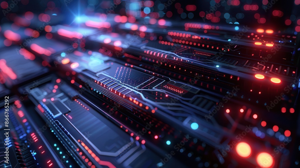 Naklejka premium Abstract futuristic circuit board with glowing red and blue lights. High tech and digital concept.