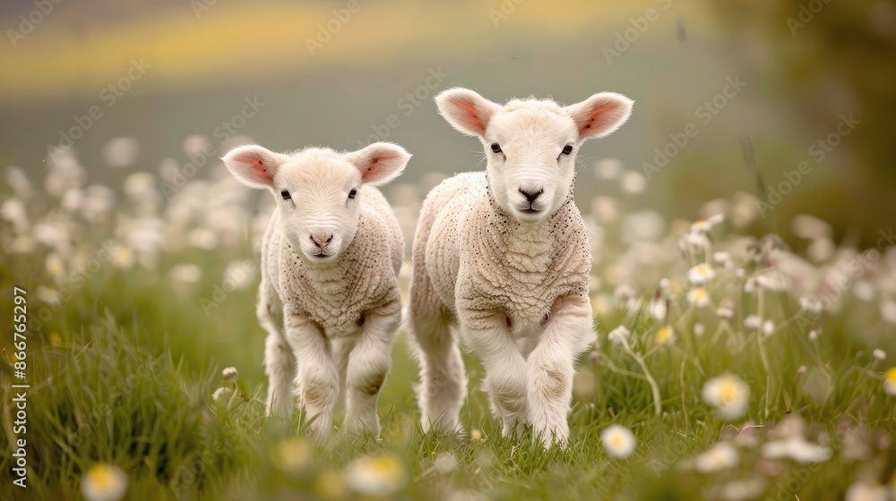 Obraz premium Lambs frolicking in green meadow