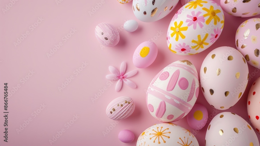 Hand-painted Easter eggs on a light pink Hand-painted Easter eggs on a light pink