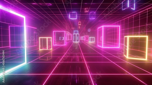 3D grid with neon shapes and cubes flying on dark background in style of 80s. Geometric shapes in vibrant cyberpunk style perfect for technology themes, sci fi designs and innovative tech visuals