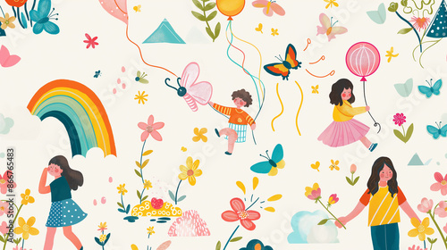 Wallpaper Mural A colorful children's drawing of a group of kids playing with a kite Torontodigital.ca