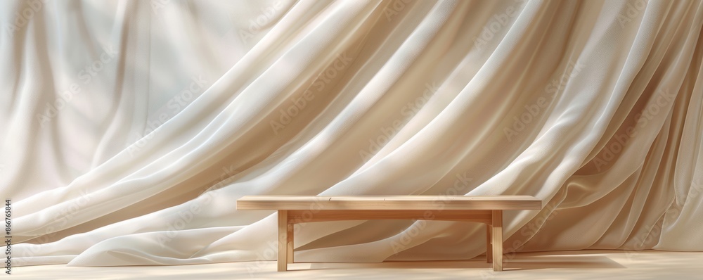 Illustrate a scene with a minimalist wooden table and a soft, draped fabric background Illustrate a scene with a minimalist wooden table and a soft, draped fabric background