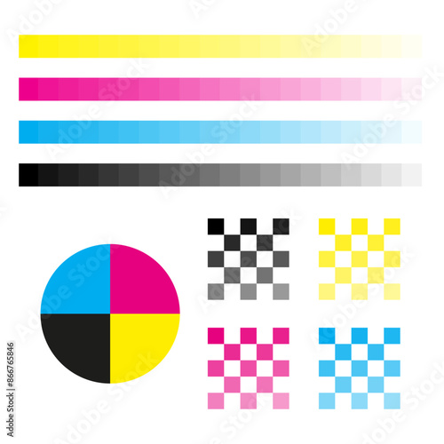 CMYK color chart. Gradient bars and checker patterns. Vector illustration. Printing color guide.