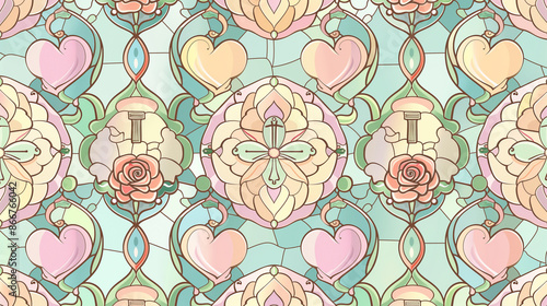 A colorful stained glass window with a rose and a heart