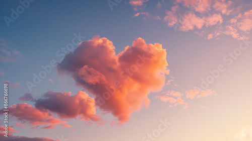 Realistic photo of love cloud. Sun Ray pass through the sky with hearted shape cloud. Adorable Emotion. 