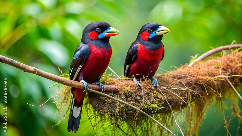 Lovely pair of Black-and-red broadbill (Cymbirhynchus macrorhynchos) beautiful black and red bird together perching on woodedn branch while nesting in breeding season, exotic nature Lovely pair of Black-and-red broadbill (Cymbirhynchus macrorhynchos) beautiful black and red bird together perching on woodedn branch while nesting in breeding season, exotic nature
