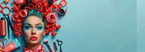 The image shows a woman with red flowers in her hair. She is wearing blue eyeshadow and red lipstick. There are also some hairdressing tools next to her head. The background is blue. photo