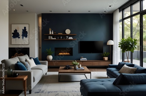 Minimalist modern living room interior background, living room mock up in scandinavian style, empty wall mockup, 3d rendering. © Ekramul