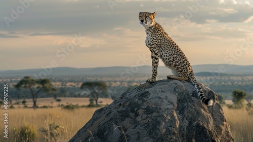 A cheetah is standing on a rock in a grassy field. Generate AI image