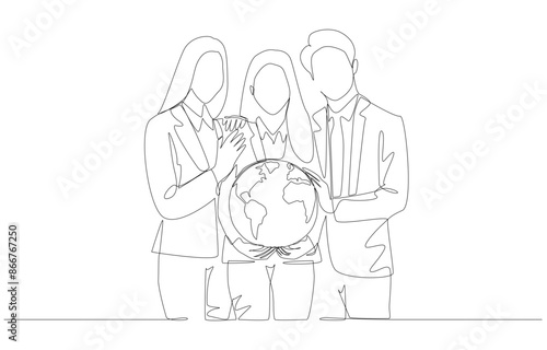 Continuous one line drawing of business people holding globe together, global business joint venture concept, single line art.