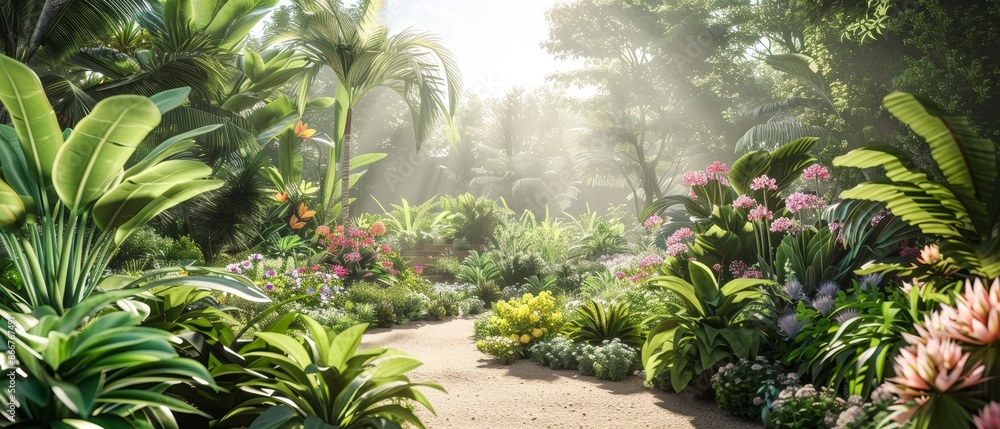 Lush tropical garden with vibrant plants and sunlit path, evoking a serene and peaceful natural landscape. Lush tropical garden with vibrant plants and sunlit path, evoking a serene and peaceful natural landscape.