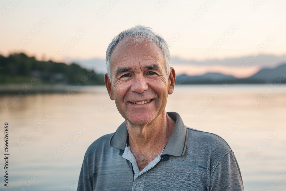 Fototapeta premium Portrait of a grinning man in his 60s wearing a sporty polo shirt on serene lakeside view