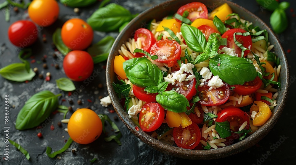 A zoomed-in picture of a black plate holding juicy tomatoes, fragrant basil, and crumbly feta cheese A zoomed-in picture of a black plate holding juicy tomatoes, fragrant basil, and crumbly feta cheese