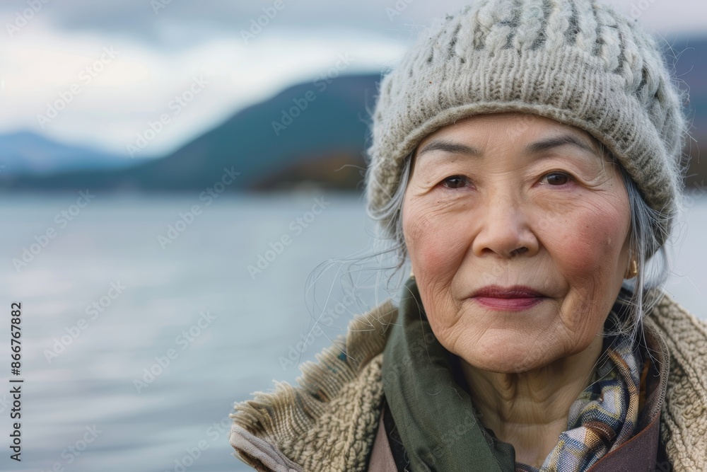 Portrait of a satisfied asian woman in her 80s donning a warm wool beanie while standing against serene lakeside view Portrait of a satisfied asian woman in her 80s donning a warm wool beanie while standing against serene lakeside view