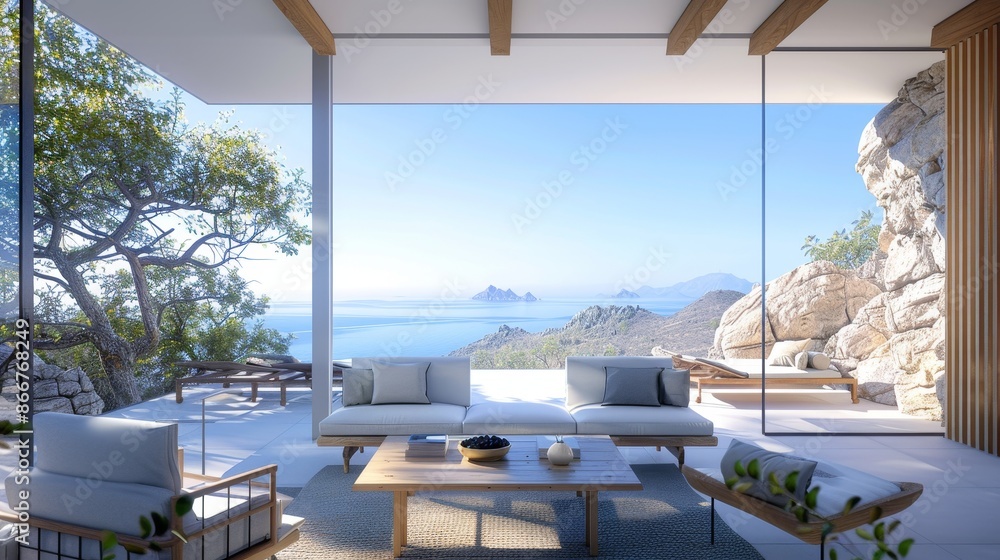 Fototapeta premium Modern open-air living room with stunning ocean view, featuring elegant furniture and natural surroundings under clear blue skies.