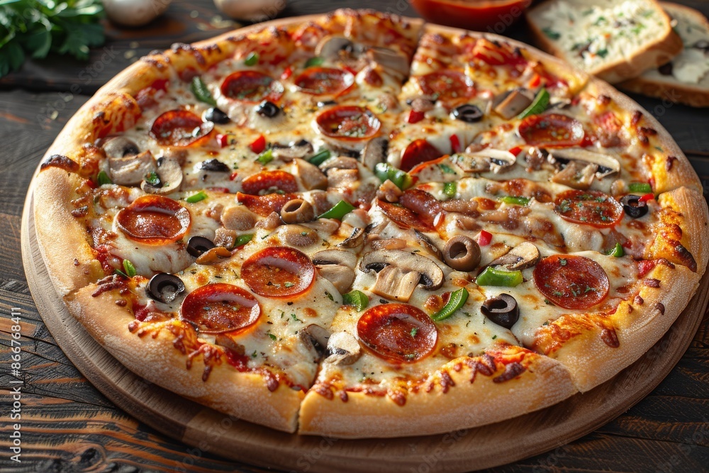 A delicious pepperoni and vegetable pizza topped with mushrooms, olives, and bell peppers on a perfectly baked crust, ready to be enjoyed.

