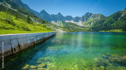 A large body of water surrounded by mountains. Generate AI image © Ashalina