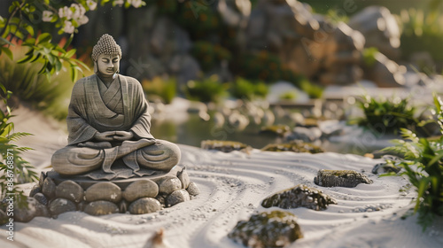 Zen garden statue, meditation, Generative AI
