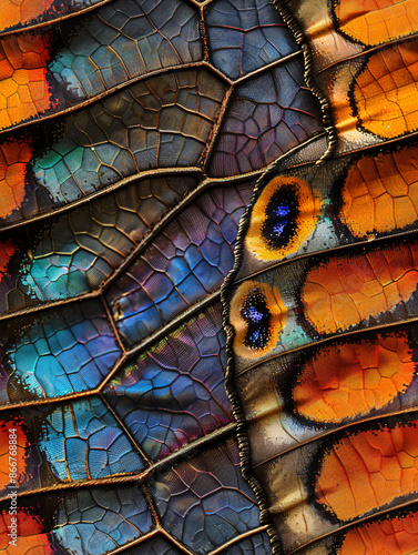 Close up of a butterfly wing showing the colorful pattern and texture