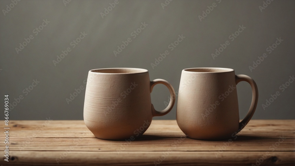 A handmade clay coffee mug with a small cup, resting on a rustic wooden stool in a minimalist setting. A handmade clay coffee mug with a small cup, resting on a rustic wooden stool in a minimalist setting.