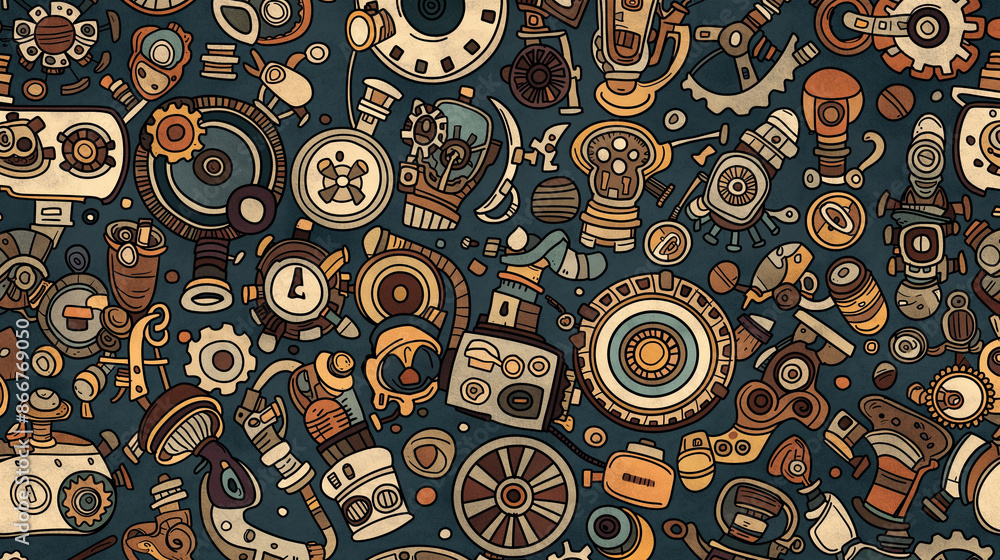 A colorful and detailed image of various mechanical objects, including clocks A colorful and detailed image of various mechanical objects, including clocks
