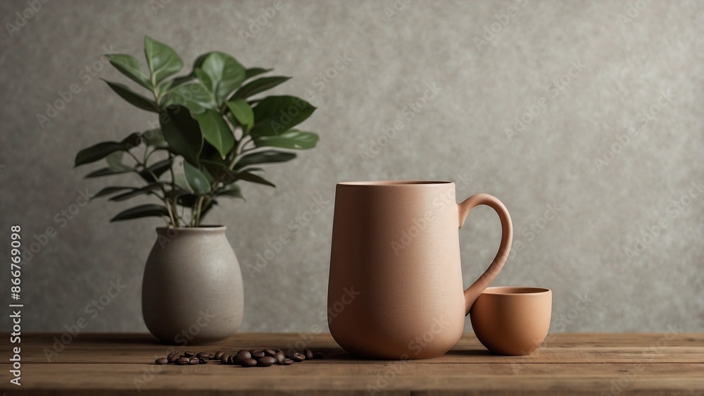 A handmade clay coffee mug with a small cup, resting on a rustic wooden stool in a minimalist setting. A handmade clay coffee mug with a small cup, resting on a rustic wooden stool in a minimalist setting.