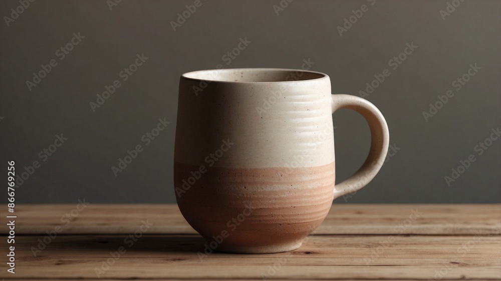 A handmade clay coffee mug with a small cup, resting on a rustic wooden stool in a minimalist setting. A handmade clay coffee mug with a small cup, resting on a rustic wooden stool in a minimalist setting.