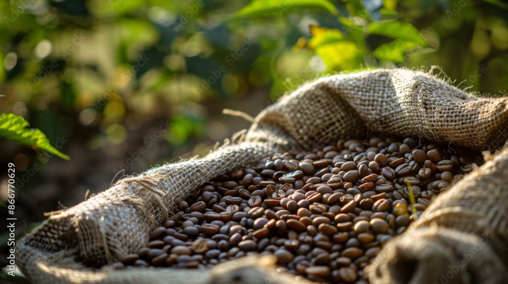 Naklejka premium Freshly harvested coffee beans in a burlap sack, showcasing the essence of agriculture and the natural beauty of a farm