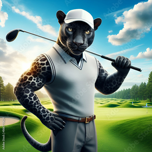 Graceful Panther Swinging a Golf Club | Pantera elegante balanceando un palo de golf