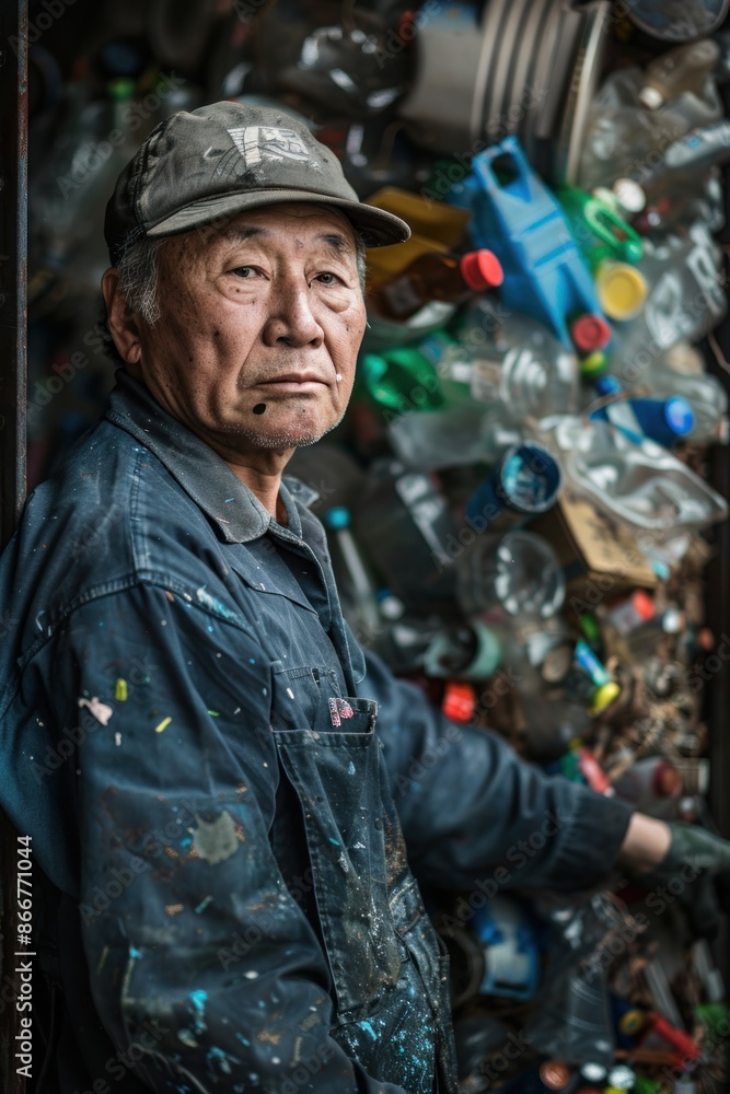 Portrait of a Japanese worker loading plastic waste into a recycling machine, high detail, photorealistic, precise action, studio lighting