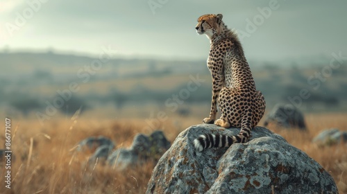 A cheetah is standing on a rock in a grassy field. Generate AI image