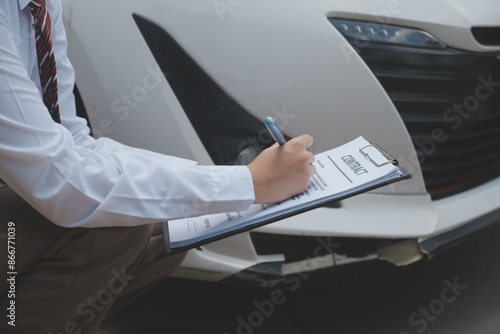 Side view of writing on clipboard while insurance agent examining car after accident photo