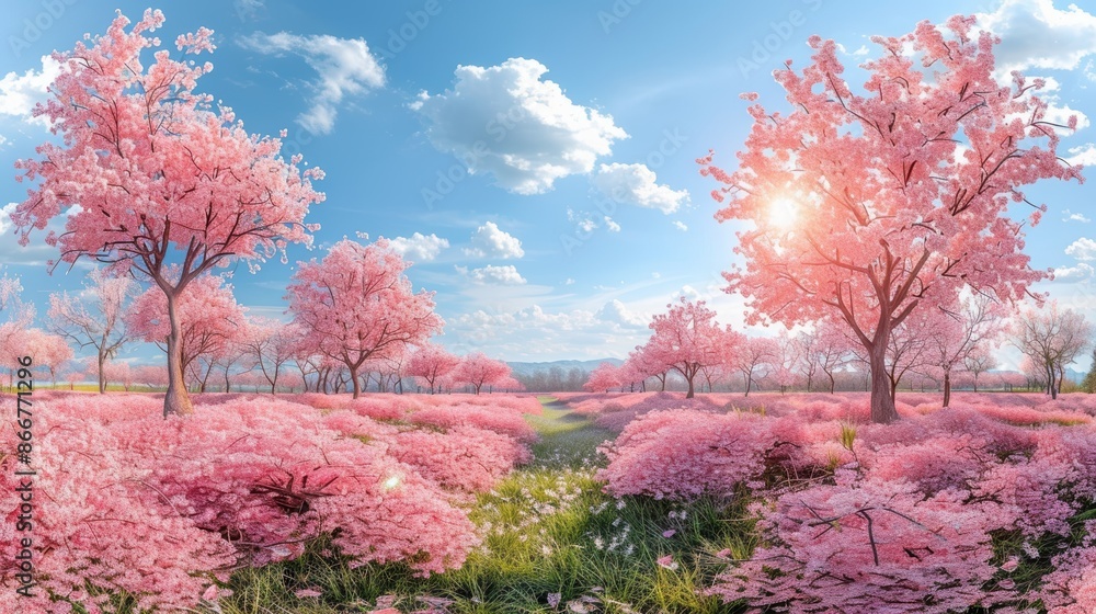 Vibrant cherry blossom landscape with pink flowers in full bloom, under a bright blue sky with fluffy clouds and a shining sun. Vibrant cherry blossom landscape with pink flowers in full bloom, under a bright blue sky with fluffy clouds and a shining sun.