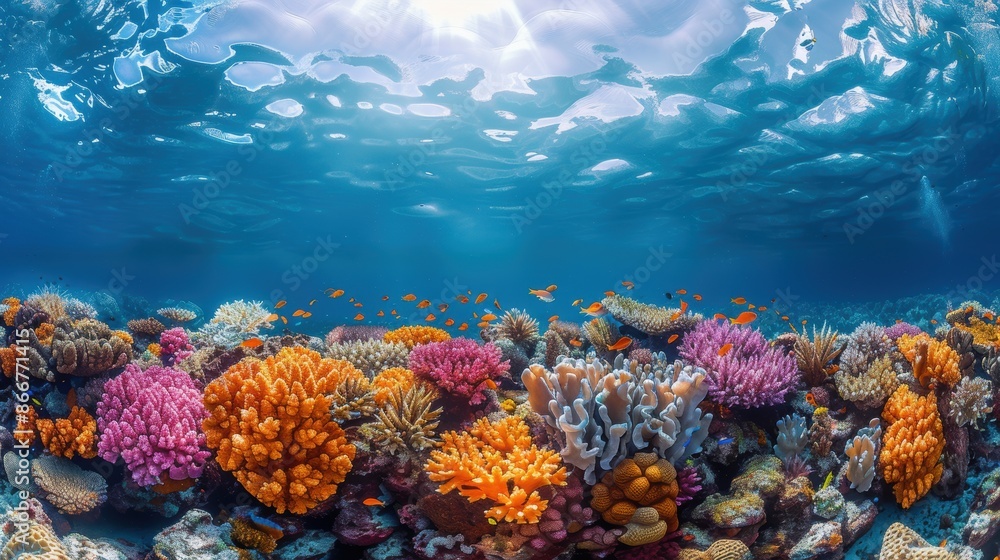Fototapeta premium Vibrant underwater coral reef scene with colorful marine life, showcasing the beauty of underwater ecosystems under a bright sunlit sky.