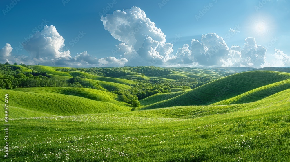 A serene landscape of lush green rolling hills under a bright blue sky with scattered clouds, capturing the essence of nature's tranquility. A serene landscape of lush green rolling hills under a bright blue sky with scattered clouds, capturing the essence of nature's tranquility.