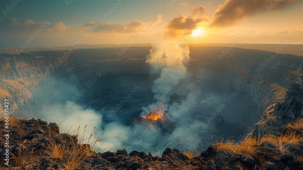 Stunning sunset view over an active volcano with smoke and fire, surrounded by dramatic landscapes and a beautiful sky. Stunning sunset view over an active volcano with smoke and fire, surrounded by dramatic landscapes and a beautiful sky.