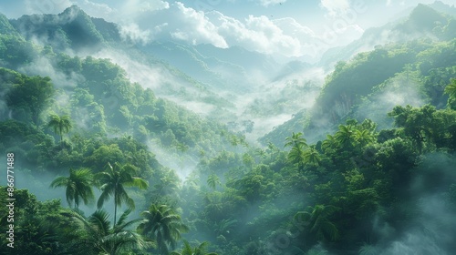 Breathtaking aerial view of lush green tropical rainforest with mist and clouds, capturing the beauty of untouched nature and dense foliage. © ZethX