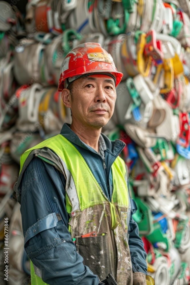 Portrait of a Japanese worker wearing safety gear at a recycling facility, high quality photo, photorealistic, studio lighting, bright environment Portrait of a Japanese worker wearing safety gear at a recycling facility, high quality photo, photorealistic, studio lighting, bright environment