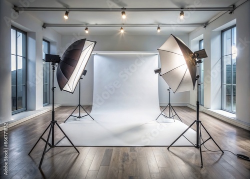 Modern photography studio setup with white background, two large softbox lights positioned symmetrically, and sleek reflective floor creating a clean, professional environment. photo