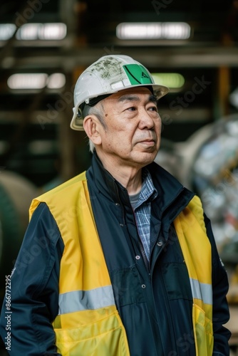 Portrait of a Japanese manager conducting a recycling facility tour, high quality photo, photorealistic, confident expression, well-lit setting © siripimon2525