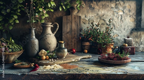 Rustic kitchen with herbs and spices in a countryside, representing antique, cozy, and culinary decor style photo