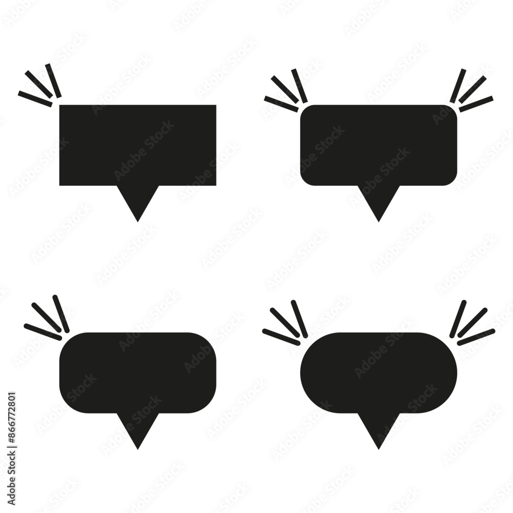 Shout speech bubbles. Black icons with exclamation marks. Vector communication symbols. Alert messages. Shout speech bubbles. Black icons with exclamation marks. Vector communication symbols. Alert messages.