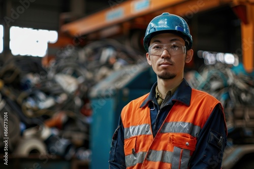 Portrait of a Japanese worker wearing safety gear at a recycling facility, high quality photo, photorealistic, studio lighting, bright environment